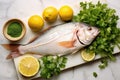 fresh raw whole fish with sliced lemons and cilantro on a marble slab Royalty Free Stock Photo