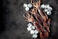 Fresh raw whole squid on a dark granite background. Top view. Copy space. Royalty Free Stock Photo