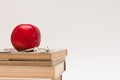 Fresh red apple, books, earphone. Royalty Free Stock Photo