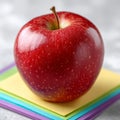 Fresh red apple on colorful paper stack, vibrant and healthy. Royalty Free Stock Photo