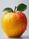 Fresh Red Apple With a Green Leaf and Water Droplets. Royalty Free Stock Photo