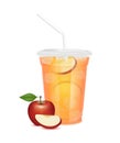 Fresh red apple juice glass and slices half. Fruit juice in clear plastic transparent cup flat lid, ice and straw tube Royalty Free Stock Photo