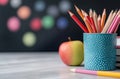 Fresh red apple sits on stacked notebooks in a classroom with colorful pencils in background Royalty Free Stock Photo