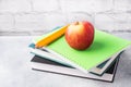 A fresh red apple on a stack of books and notebooks. The concept of a school breakfast snack. Copy space Royalty Free Stock Photo