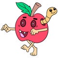 The fresh red apple turned into a zombie walking corpse preying on a caterpillar. doodle icon image kawaii Royalty Free Stock Photo