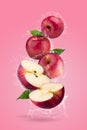 Fresh Red apples and Red apple slices with water splashing on a Pink background Royalty Free Stock Photo