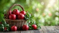 Fresh red apples in a basket, surrounded by greenery Royalty Free Stock Photo