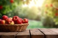 Fresh red apples in basket on wooden table and blurred apple farm background. Generative AI Royalty Free Stock Photo