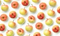 Fresh red apples isolated on white background. Fruits pattern, top view, flat lay