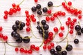 Fresh red and black currant on a white wooden background Top view Royalty Free Stock Photo