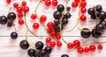 Fresh red and black currant on a white wooden background Top view Royalty Free Stock Photo