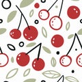 Fresh red branches of cherries. Vector seamless pattern with berries isolated on white background. Hand drawn illustration of Royalty Free Stock Photo
