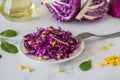 Fresh red cabbage salad with corn. Vegeterian and diet food Royalty Free Stock Photo