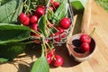 Fresh red cherries in basket on the wooden Royalty Free Stock Photo