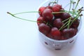 Fresh red cherries in a bowl on light pink powder background. Copy space, minimalistic style Royalty Free Stock Photo