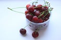 Fresh red cherries in a bowl on pink powder light background. Copy space, minimalistic style Royalty Free Stock Photo