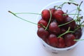 Fresh red cherries in a bowl on pink powder light background. Copy space, minimalistic style Royalty Free Stock Photo