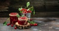 Fresh red cherries fruit on wooden background. Jar of cherry jam and sour cherries. Berries cherry with syrup. Canned fruit. Long Royalty Free Stock Photo