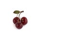 Fresh red cherries with green leaves isolated on white background Royalty Free Stock Photo