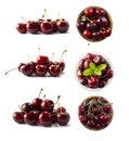 Fresh red cherries isolated on white background. Cherry fruit with copy space for text. Ripe cherry on a white background. Royalty Free Stock Photo