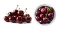 Fresh red cherries lay on white isolated background with copy space. Cherries in a bowl. Background of cherries. Ripe cherry on a Royalty Free Stock Photo