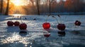 Ripe Cherries on Frozen Lake at Sunrise: A Stunning Winter Scene Royalty Free Stock Photo