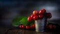 Fresh red Cherries in small metal bucket on old wooden background rural style Royalty Free Stock Photo