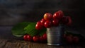 Fresh red Cherries in small metal bucket on old wooden background rural style Royalty Free Stock Photo