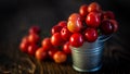 Fresh red Cherries in small metal bucket on old wooden background rural style Royalty Free Stock Photo