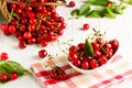 Fresh red cherries spilled on the table