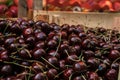 Fresh red cherries in wooden boxes for sale at a green market in Tetovo, North Macedonia. Royalty Free Stock Photo