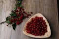 Fresh red cherries in a wooden plate on a wooden table. wooden plate on a wooden background.next to it is a cherry branch with che Royalty Free Stock Photo