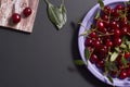 Fresh red cherry fruits on a plate on a wooden and black background. For postcard design Royalty Free Stock Photo