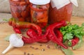 Fresh red chili against of pickled chili and other vegetables Royalty Free Stock Photo