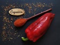 Fresh red chili pepper and chili powder in a wooden spoon with words Capsaicin. Healthy diet, nutritional concept.