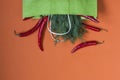 Fresh red chili peppers and dill greens in a paper bag on an orange background. Bag for shopping healthy food. View from above Royalty Free Stock Photo