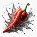 A fresh red chili peppers that fell into the splashing water