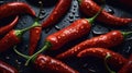 Fresh red chili with water drops on dark background, Top view