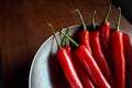 8 fresh red chilies in the stainlees steel pan Royalty Free Stock Photo