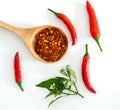 A fresh red chilli pepper and crushed dried red cayenne pepper with seeds , rich of antioxidant herbal food Royalty Free Stock Photo