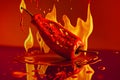 Fresh red chilli pepper in fire as a symbol of burning feeling of spicy food and spices. Red background. Neural network