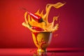 Fresh red chilli pepper in fire as a symbol of burning feeling of spicy food and spices. Red background. Neural network