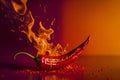 Fresh red chilli pepper in fire as a symbol of burning feeling of spicy food and spices. Red background. Neural network