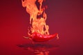 Fresh red chilli pepper in fire as a symbol of burning feeling of spicy food and spices. Red background. Neural network