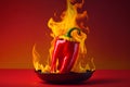 Fresh red chilli pepper in fire as a symbol of burning feeling of spicy food and spices. Red background. Neural network