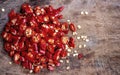 Fresh red chillies are cut into pieces and placed on a wooden chopping board Royalty Free Stock Photo