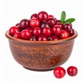 Fresh Red Cranberries in Rustic Bowl with Green Leaves on White Background Royalty Free Stock Photo