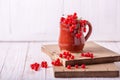 Fresh red currant in a ceramic cup on a white wooden background Royalty Free Stock Photo