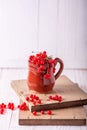 Fresh red currant in a ceramic cup on a white wooden background Royalty Free Stock Photo