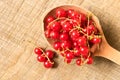 Fresh red currant in an old wooden spoon on a wooden table. The Royalty Free Stock Photo